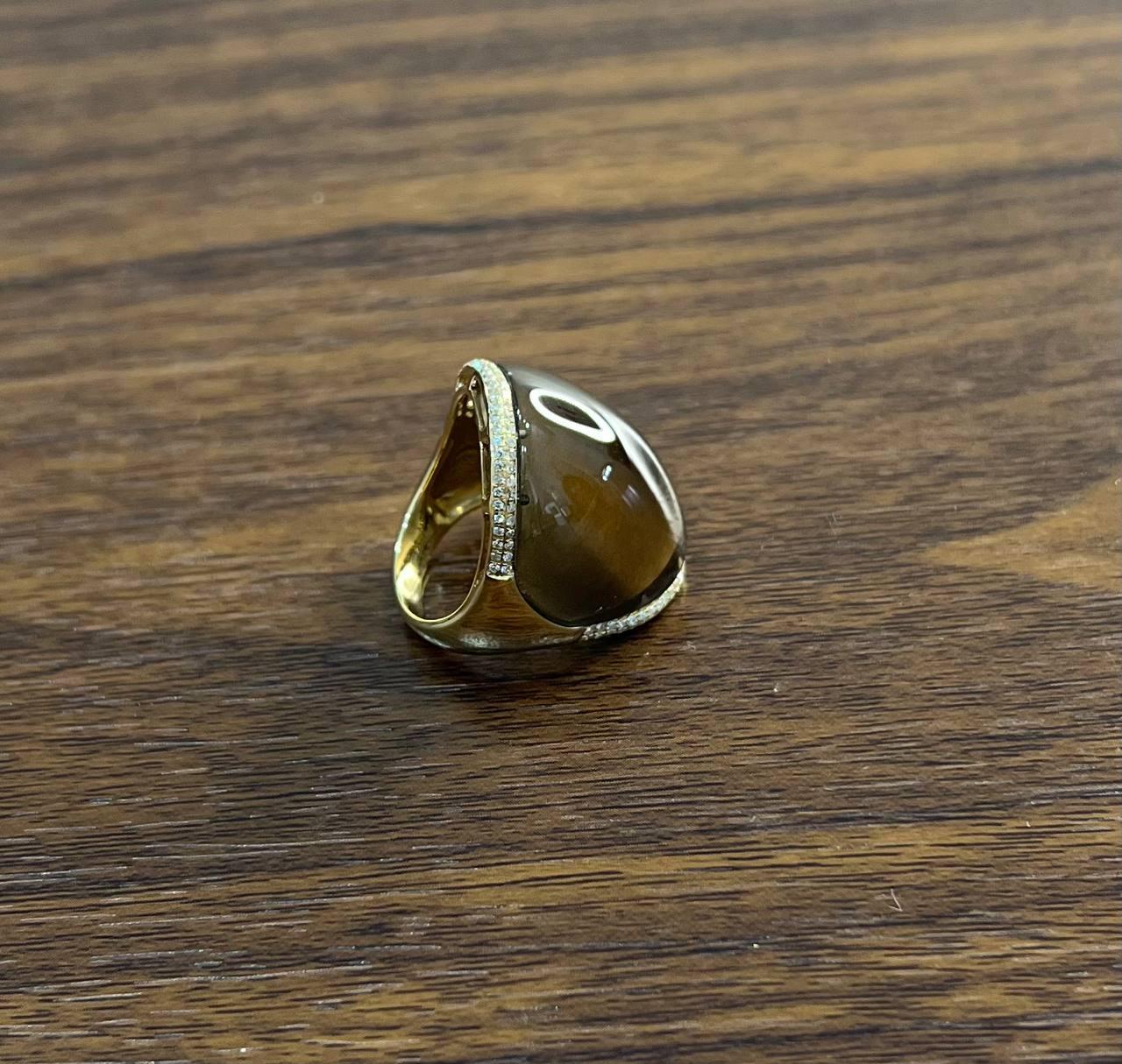 Fancy Cabochon Shape Smooth Brown Smoky Quartz 14K Gold Diamonds Channel Ring