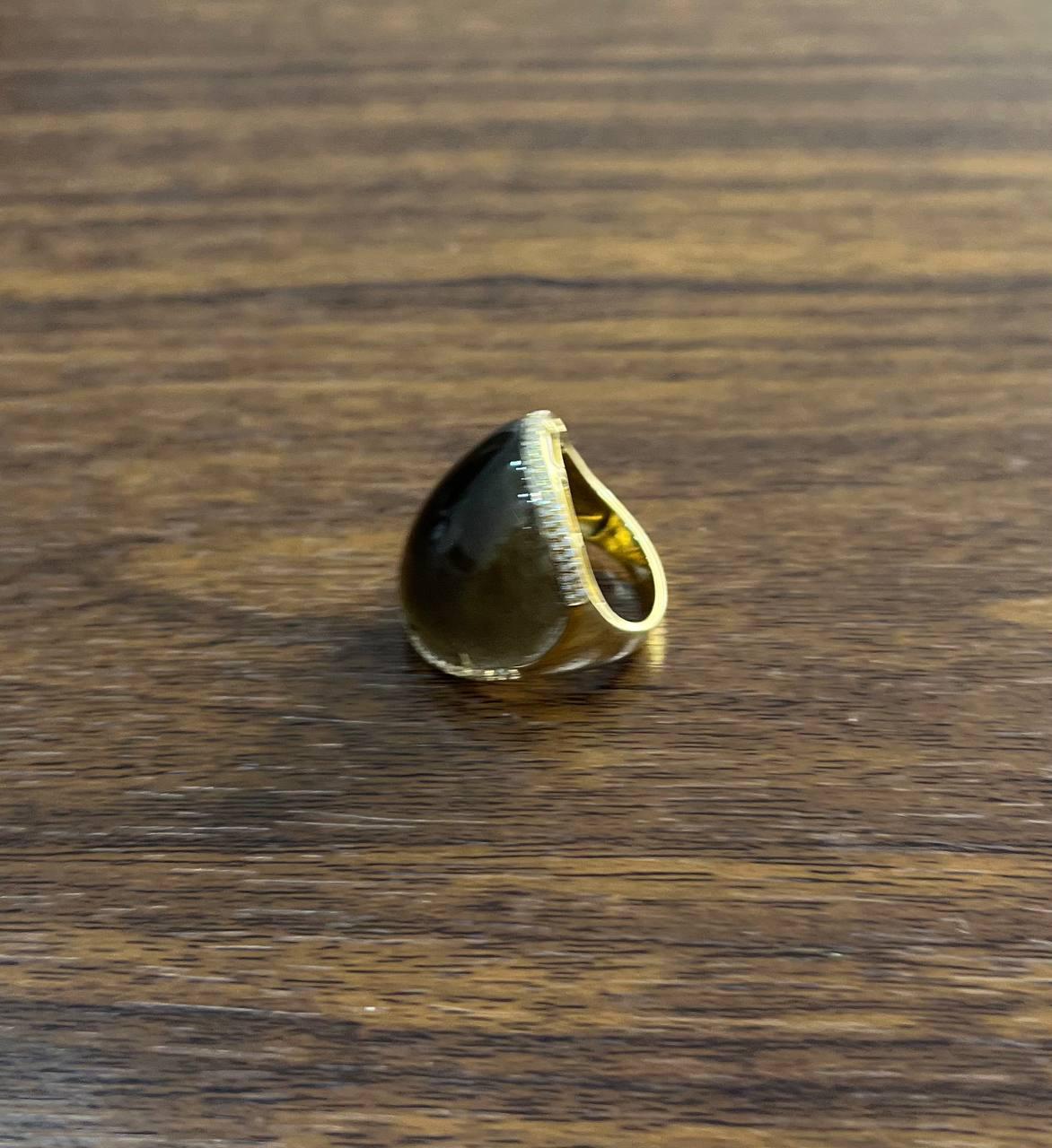 Fancy Cabochon Shape Smooth Brown Smoky Quartz 14K Gold Diamonds Channel Ring