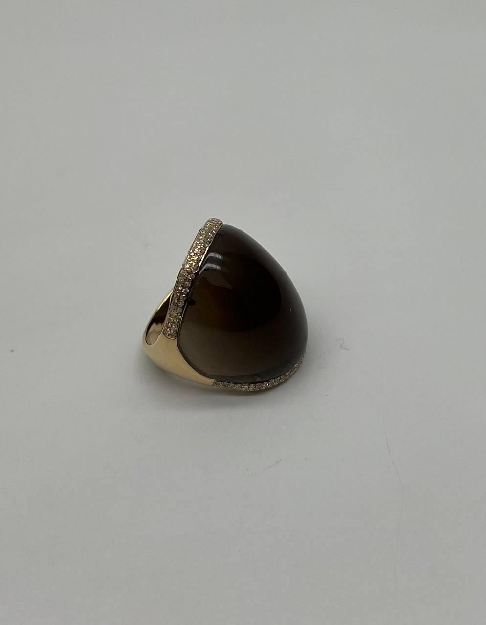 Fancy Cabochon Shape Smooth Brown Smoky Quartz 14K Gold Diamonds Channel Ring