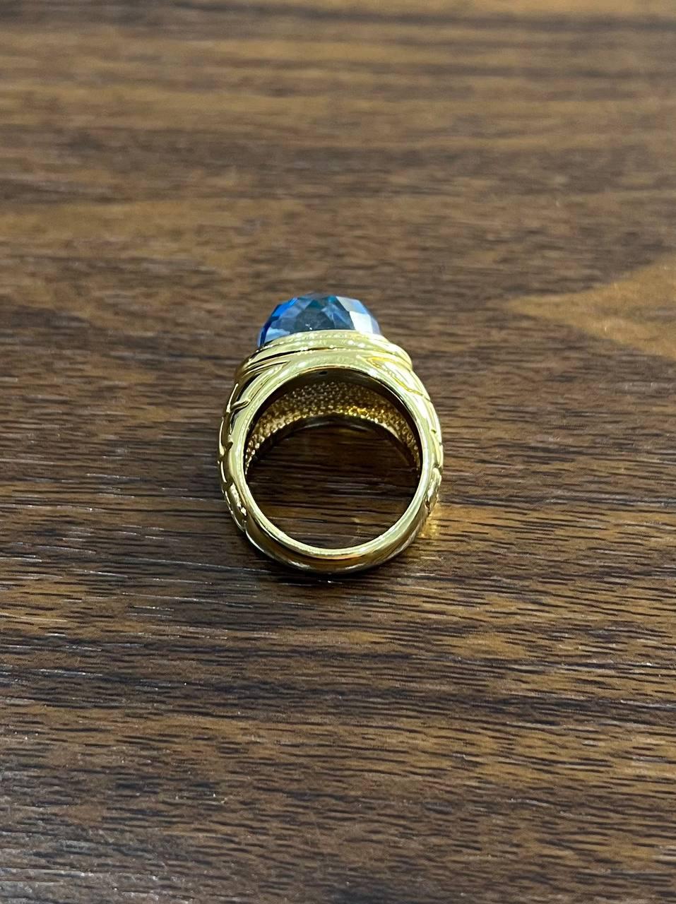 Large Oval Shape Swiss Blue Topaz 14K Horizontal Yellow Gold Dome Cocktail Ring