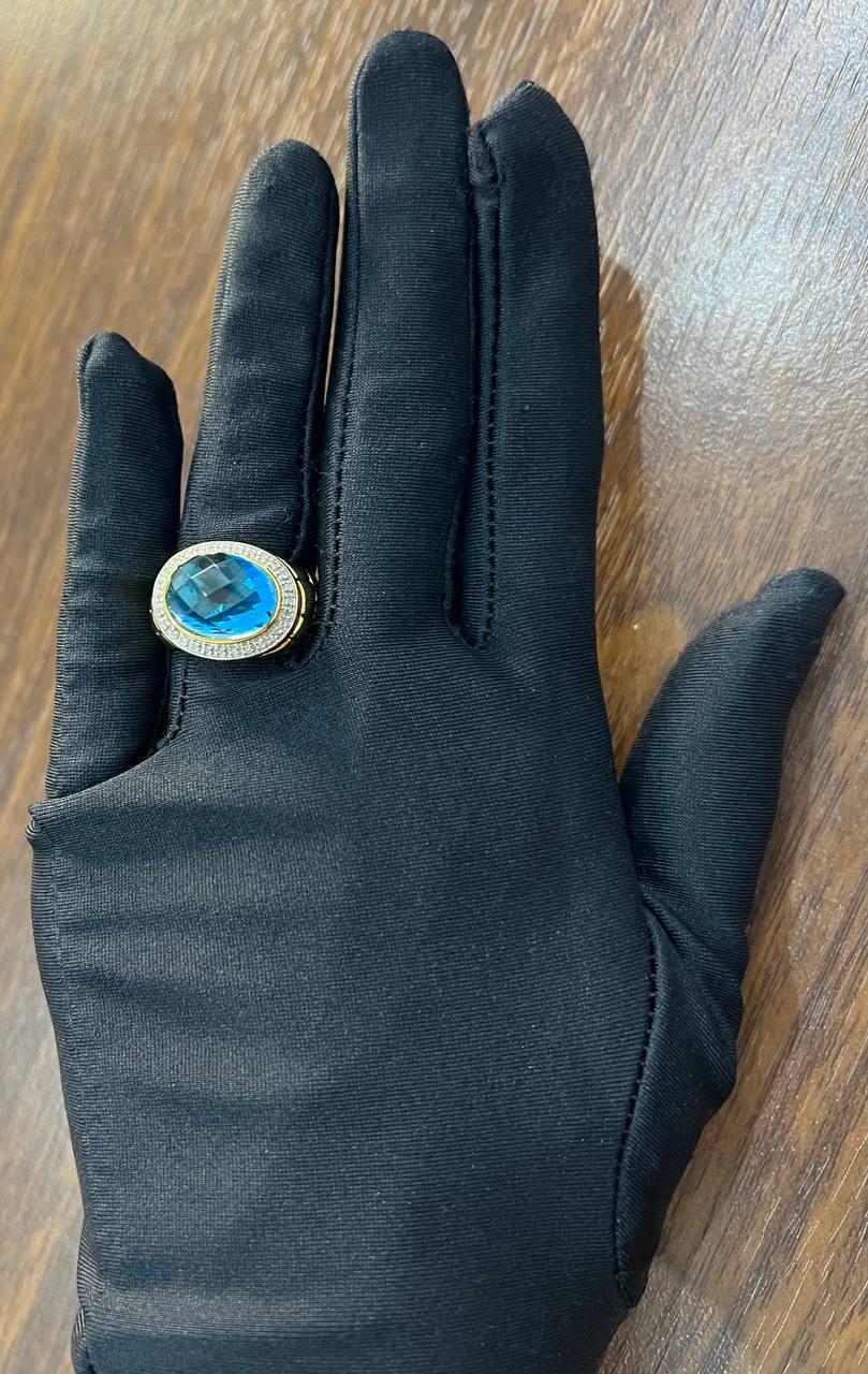 Large Oval Shape Swiss Blue Topaz 14K Horizontal Yellow Gold Dome Cocktail Ring