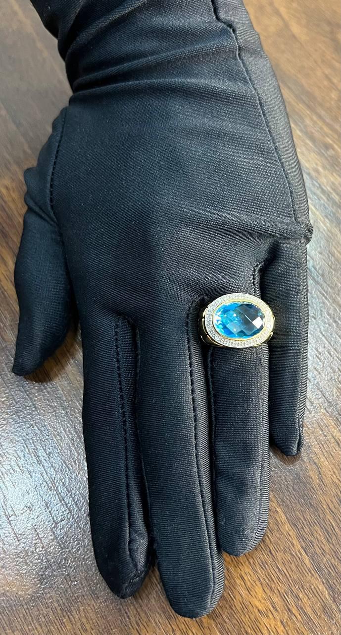 Large Oval Shape Swiss Blue Topaz 14K Horizontal Yellow Gold Dome Cocktail Ring