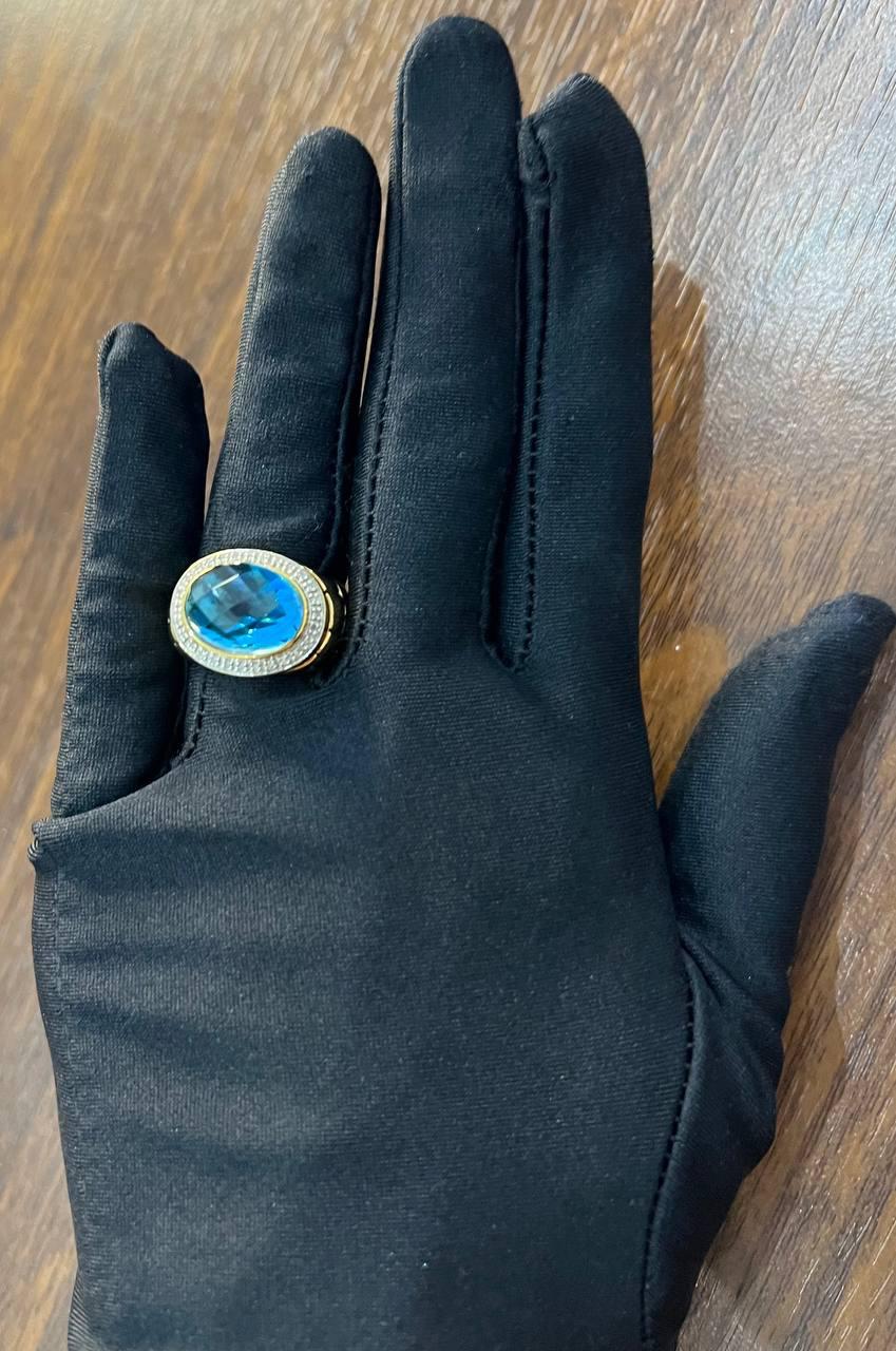 Large Oval Shape Swiss Blue Topaz 14K Horizontal Yellow Gold Dome Cocktail Ring