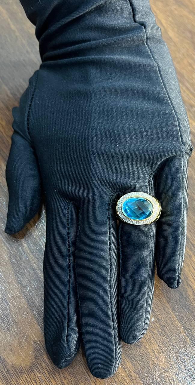 Large Oval Shape Swiss Blue Topaz 14K Horizontal Yellow Gold Dome Cocktail Ring