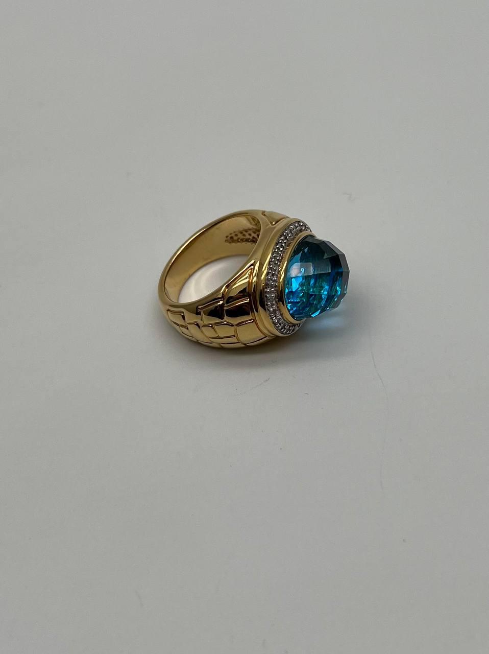 Large Oval Shape Swiss Blue Topaz 14K Horizontal Yellow Gold Dome Cocktail Ring