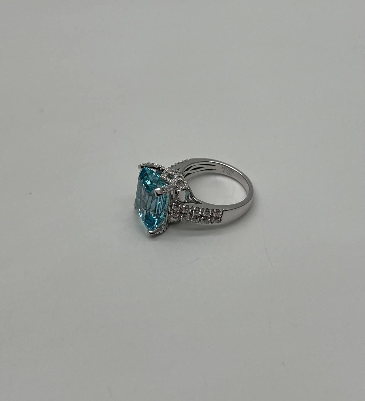 Octagon Shape Blue Aquamarine Diamond Pave 14K White Gold Cocktail Ring