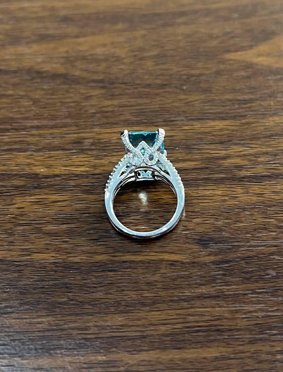 Octagon Shape Blue Aquamarine Diamond Pave 14K White Gold Cocktail Ring