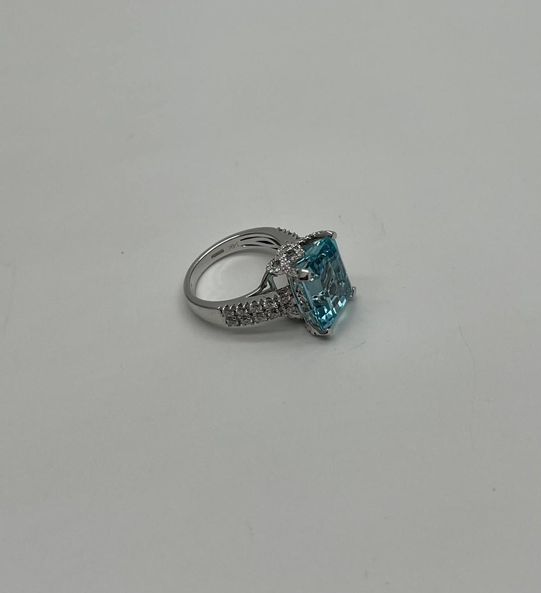 Octagon Shape Blue Aquamarine Diamond Pave 14K White Gold Cocktail Ring