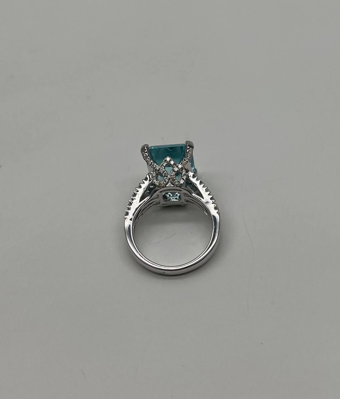 Octagon Shape Blue Aquamarine Diamond Pave 14K White Gold Cocktail Ring