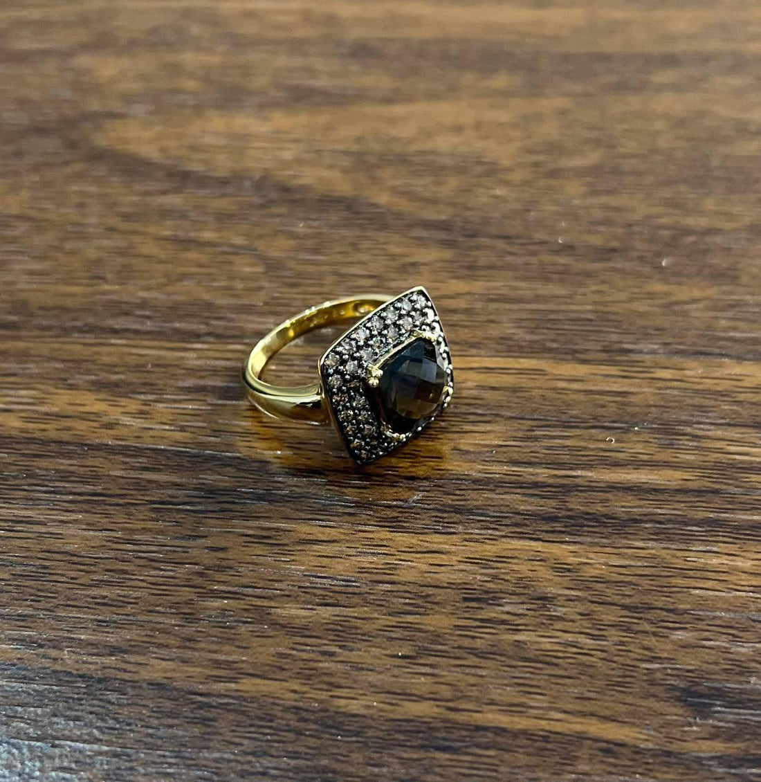 Brown Smoky Quartz Cushion Shape Diamond Halo 14K Yellow Gold Statement Ring
