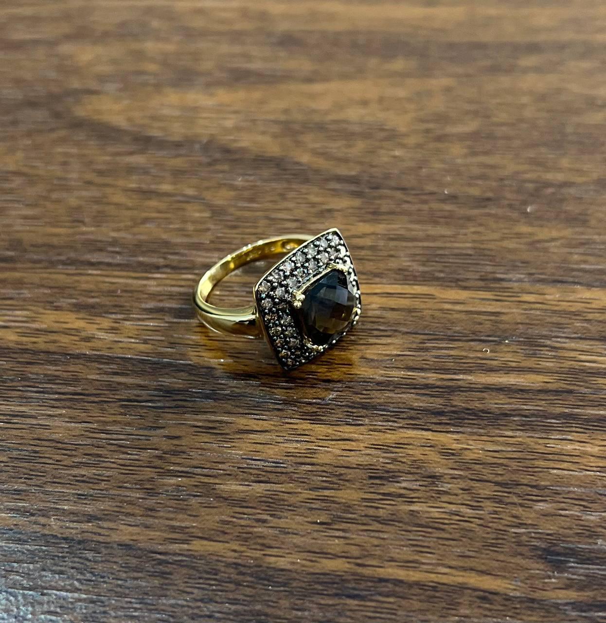 Brown Smoky Quartz Cushion Shape Diamond Halo 14K Yellow Gold Statement Ring