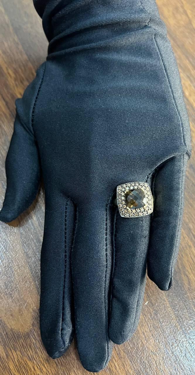 Brown Smoky Quartz Cushion Shape Diamond Halo 14K Yellow Gold Statement Ring