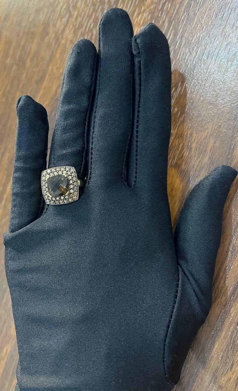 Brown Smoky Quartz Cushion Shape Diamond Halo 14K Yellow Gold Statement Ring