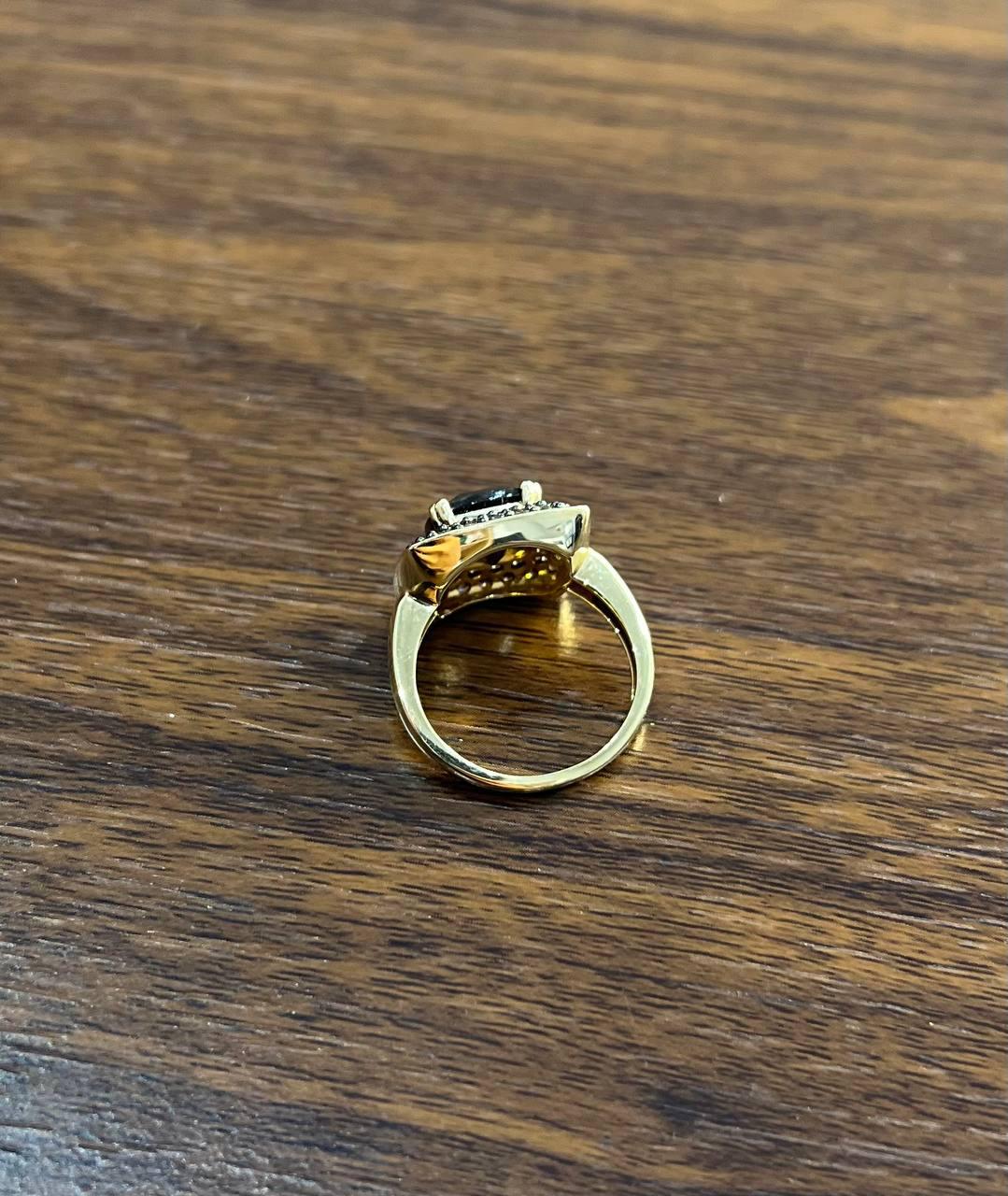 Brown Smoky Quartz Cushion Shape Diamond Halo 14K Yellow Gold Statement Ring