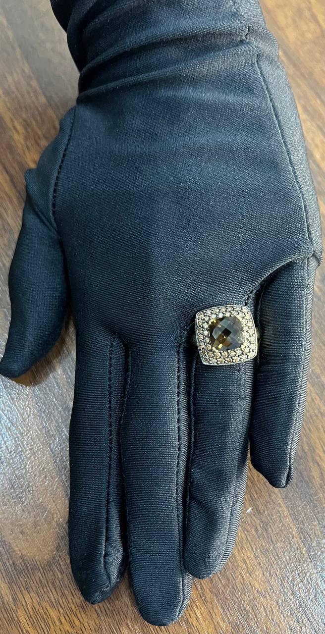 Brown Smoky Quartz Cushion Shape Diamond Halo 14K Yellow Gold Statement Ring