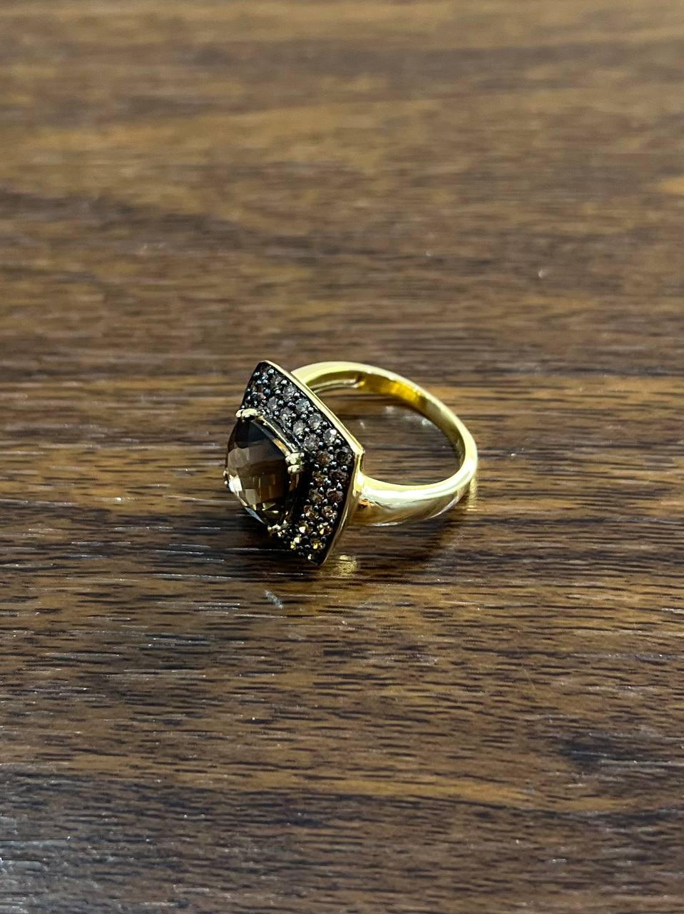 Brown Smoky Quartz Cushion Shape Diamond Halo 14K Yellow Gold Statement Ring