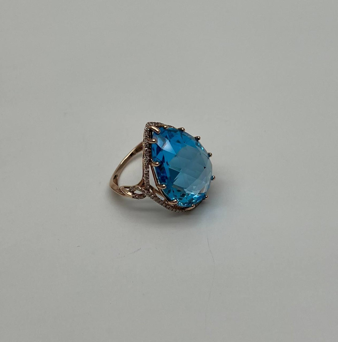 Pear Teardrop Shape Swiss Blue Topaz Diamond Halo Yellow Statement Spire Ring