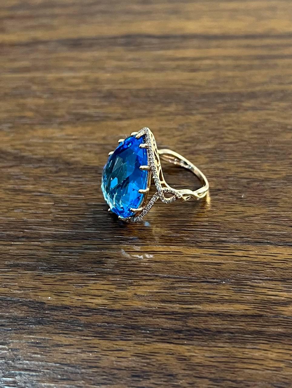 Pear Teardrop Shape Swiss Blue Topaz Diamond Halo Yellow Statement Spire Ring
