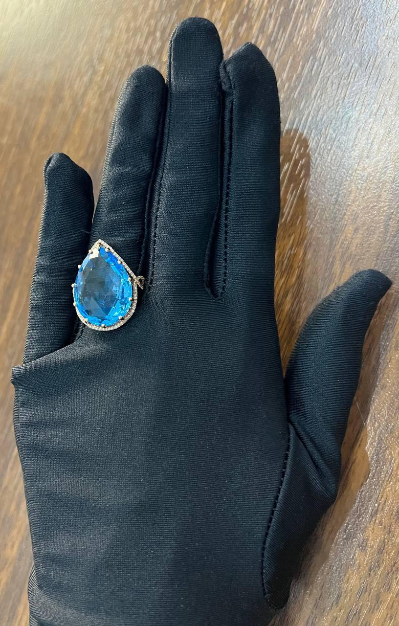 Pear Teardrop Shape Swiss Blue Topaz Diamond Halo Yellow Statement Spire Ring