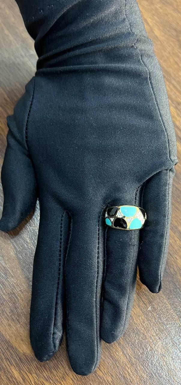 Blue Teal Turquoise & Black Onyx Diamonds 14K Yellow Gold Statement Dome Ring
