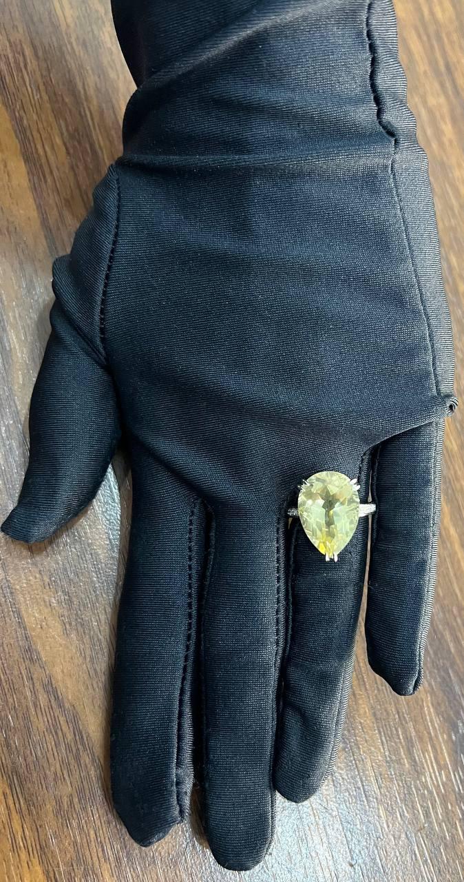 Pear Teardrop Shape Yellow Lemon Quartz Diamond Channel 14K White Gold Ring