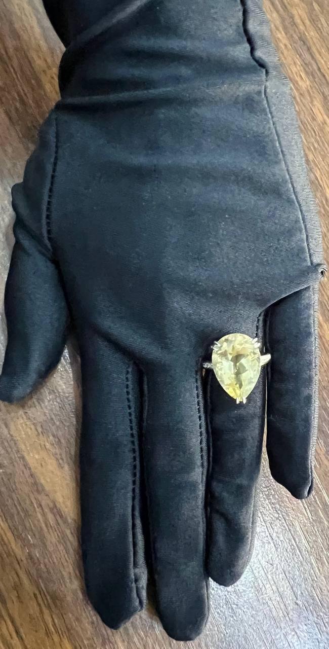 Pear Teardrop Shape Yellow Lemon Quartz Diamond Channel 14K White Gold Ring