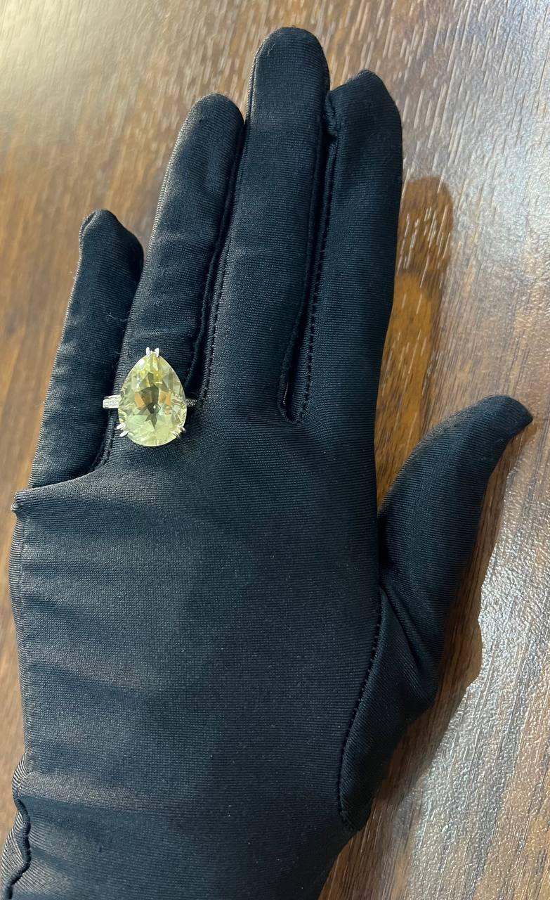 Pear Teardrop Shape Yellow Lemon Quartz Diamond Channel 14K White Gold Ring