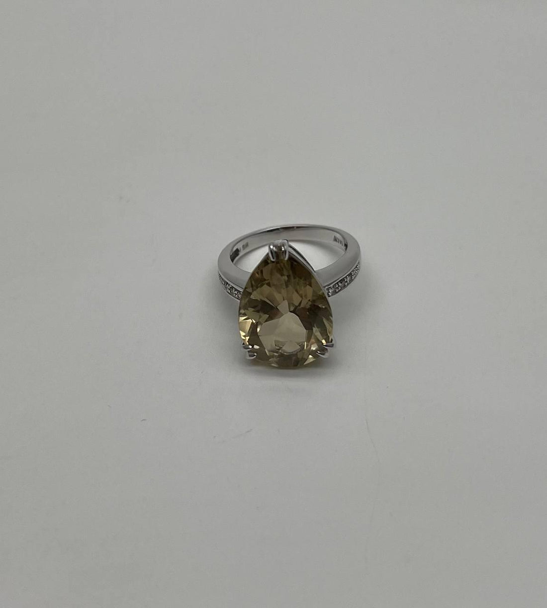 Pear Teardrop Shape Yellow Lemon Quartz Diamond Channel 14K White Gold Ring