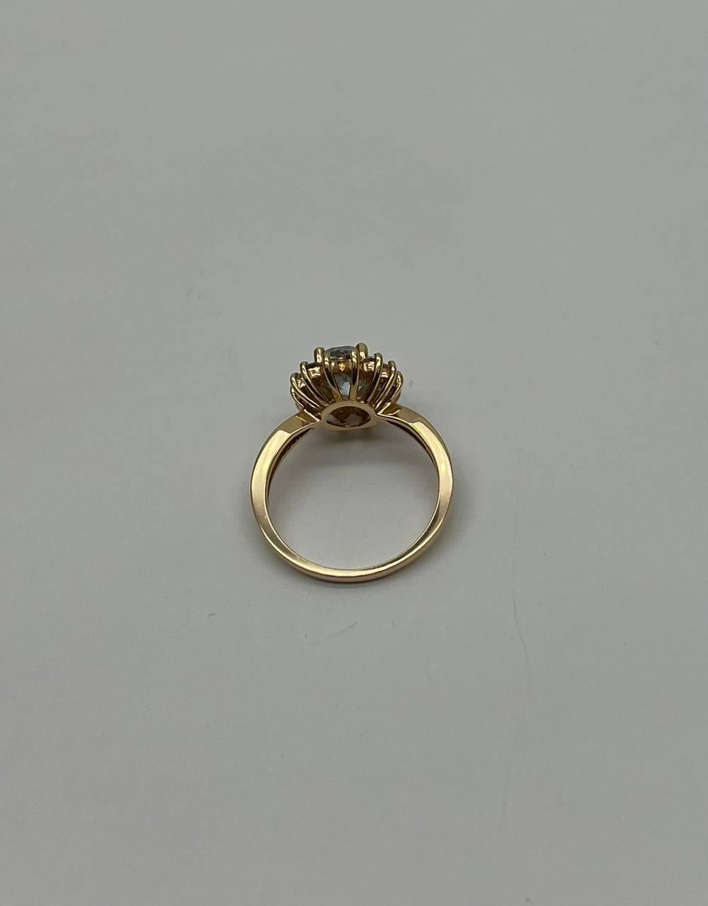 Oval Shape Blue Aquamarine Floral Flower 14K Yellow Gold Diamond Halo Ring