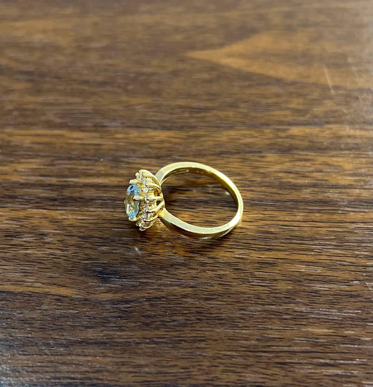 Oval Shape Blue Aquamarine Floral Flower 14K Yellow Gold Diamond Halo Ring