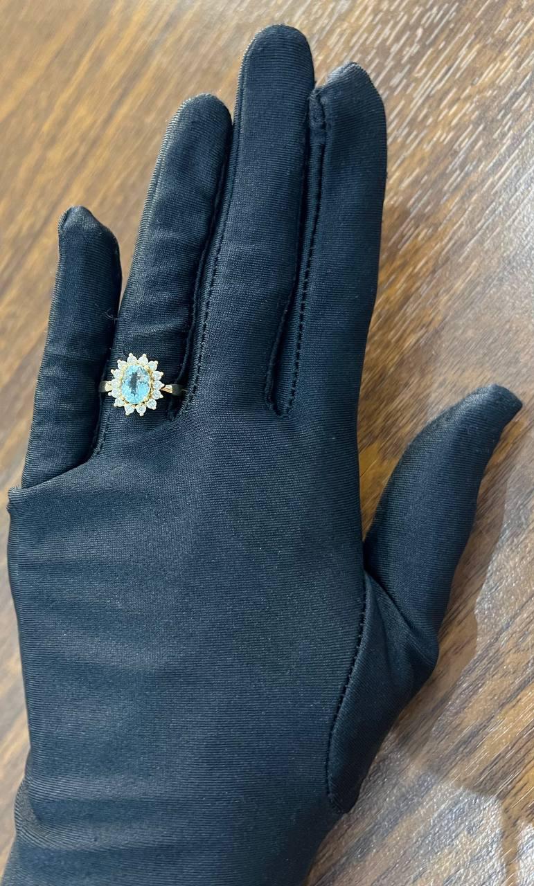 Oval Shape Blue Aquamarine Floral Flower 14K Yellow Gold Diamond Halo Ring