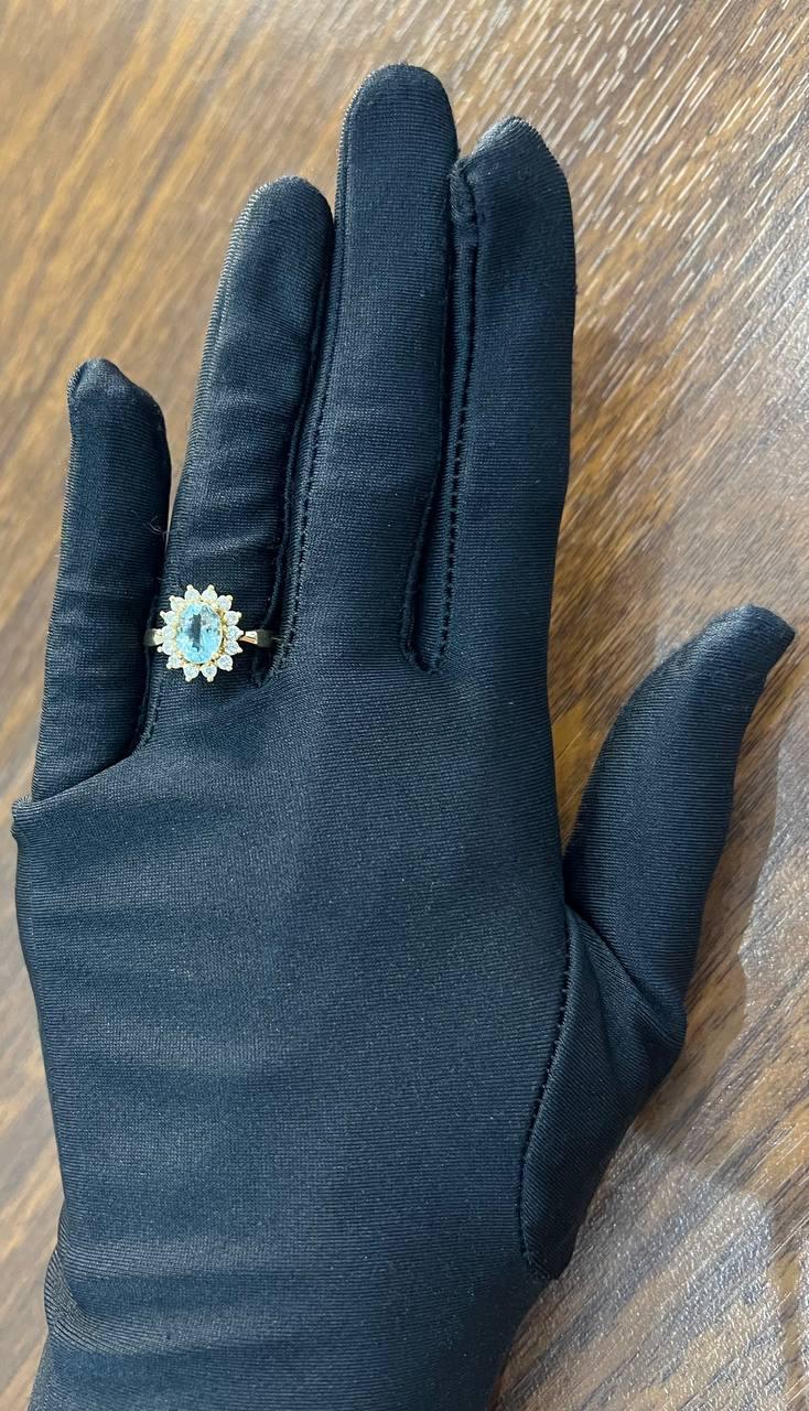 Oval Shape Blue Aquamarine Floral Flower 14K Yellow Gold Diamond Halo Ring