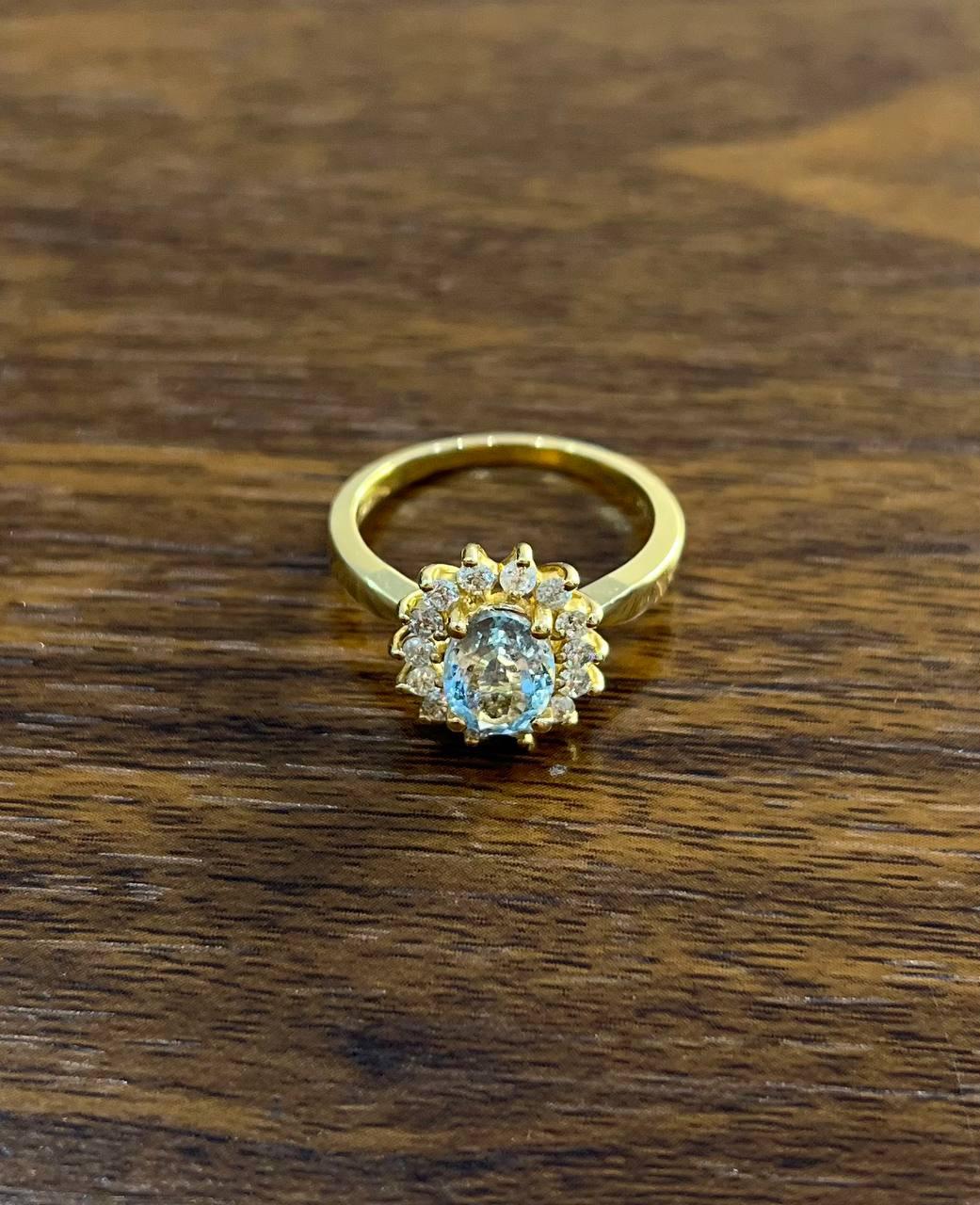 Oval Shape Blue Aquamarine Floral Flower 14K Yellow Gold Diamond Halo Ring