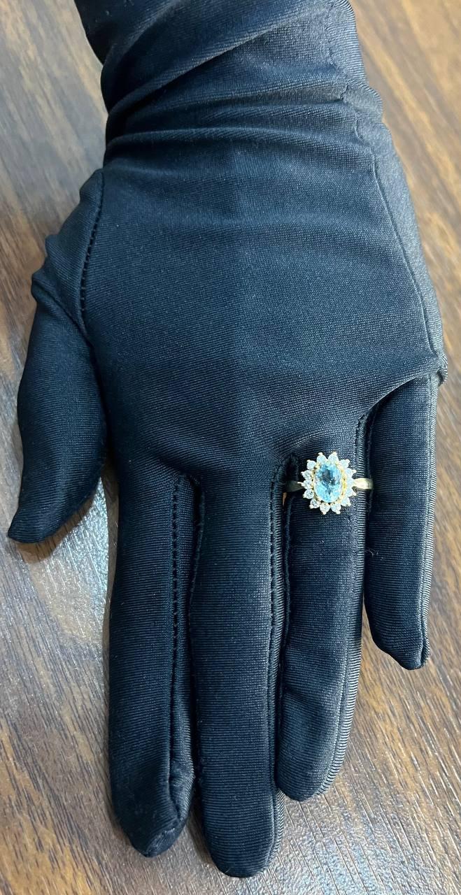 Oval Shape Blue Aquamarine Floral Flower 14K Yellow Gold Diamond Halo Ring