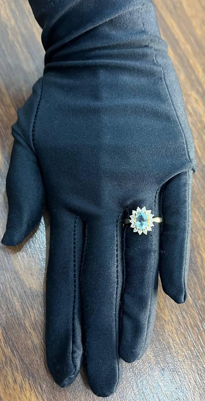 Oval Shape Blue Aquamarine Floral Flower 14K Yellow Gold Diamond Halo Ring