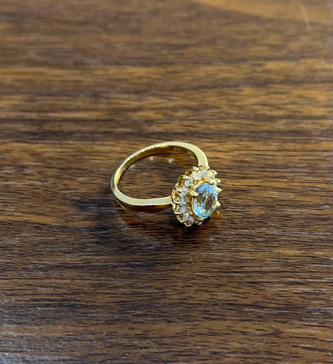 Oval Shape Blue Aquamarine Floral Flower 14K Yellow Gold Diamond Halo Ring