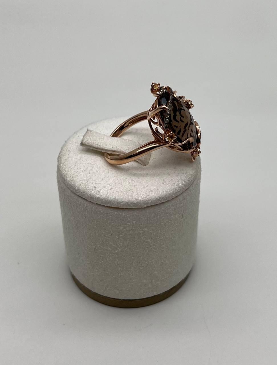 Oval Shape Brown Smoky Quartz Diamonds Halo Scroll Motifs 14K Yellow Gold Ring