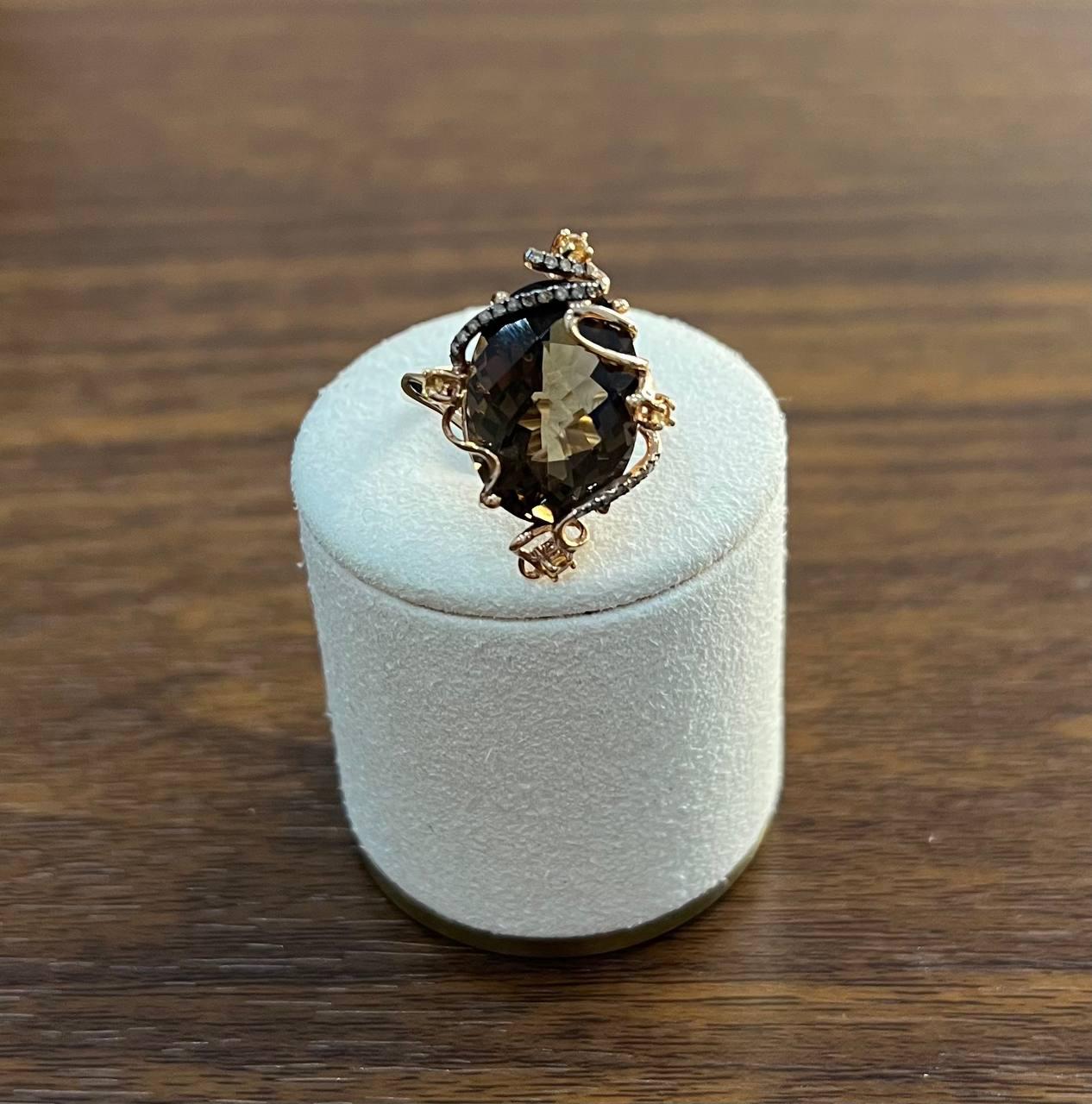 Oval Shape Brown Smoky Quartz Diamonds Halo Scroll Motifs 14K Yellow Gold Ring