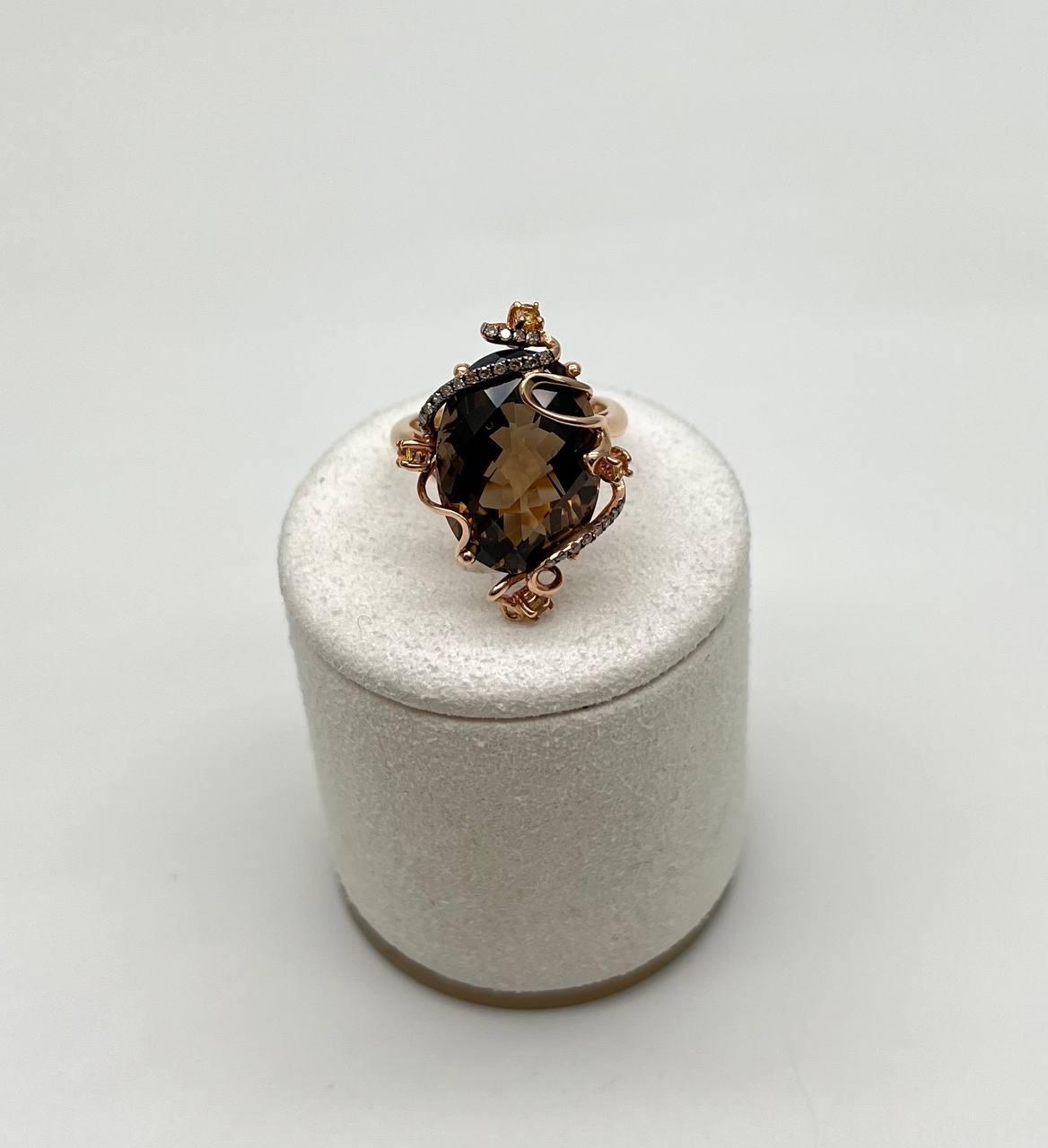 Oval Shape Brown Smoky Quartz Diamonds Halo Scroll Motifs 14K Yellow Gold Ring