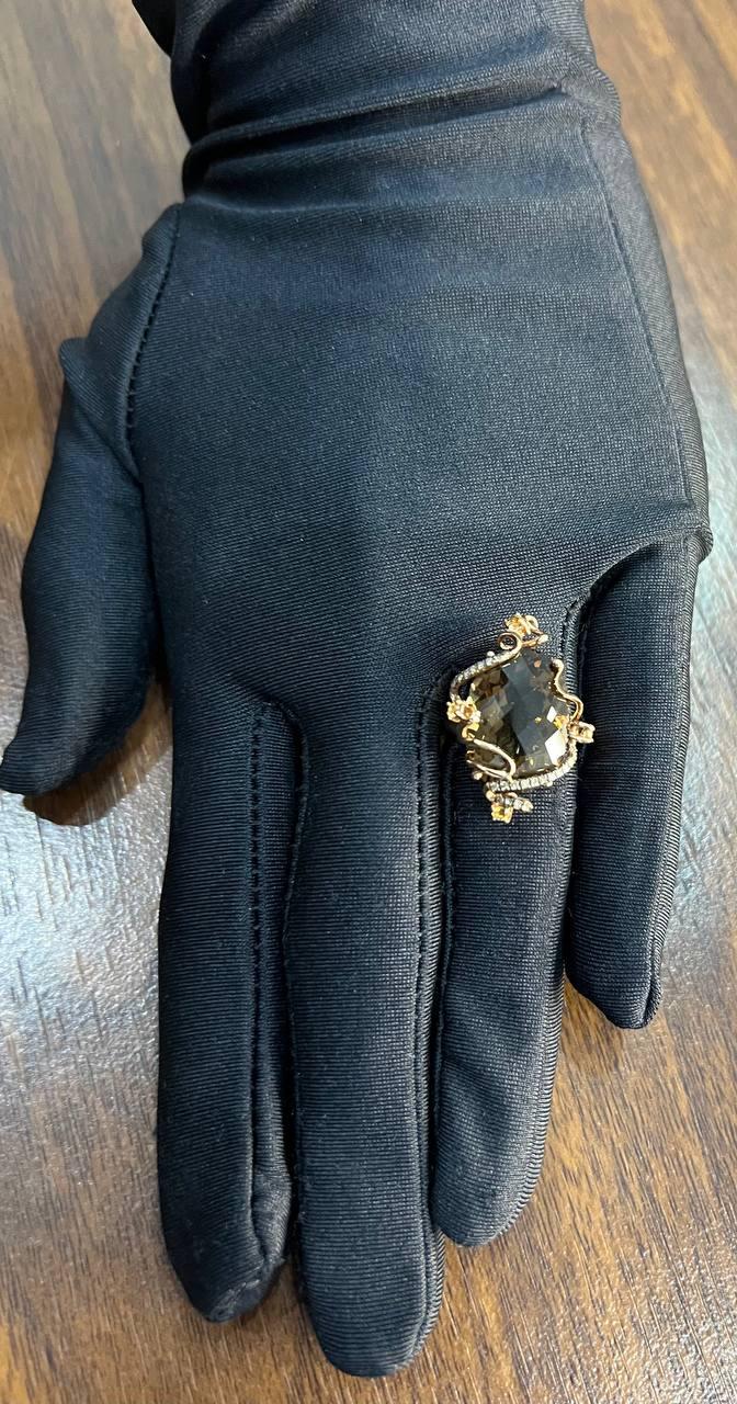 Oval Shape Brown Smoky Quartz Diamonds Halo Scroll Motifs 14K Yellow Gold Ring