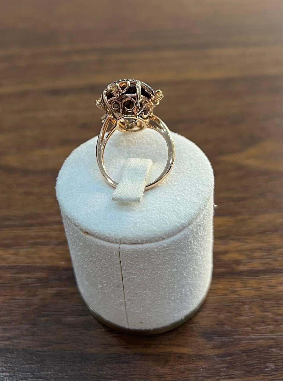 Oval Shape Brown Smoky Quartz Diamonds Halo Scroll Motifs 14K Yellow Gold Ring