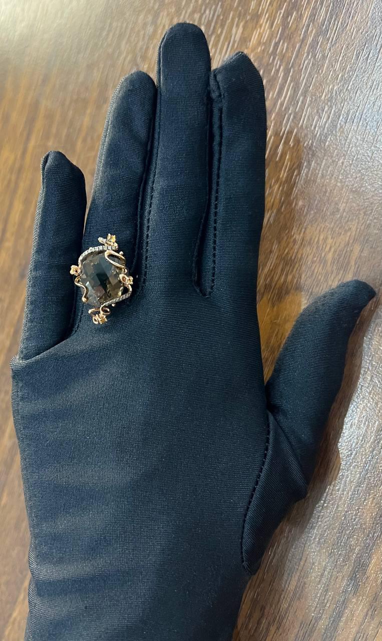 Oval Shape Brown Smoky Quartz Diamonds Halo Scroll Motifs 14K Yellow Gold Ring