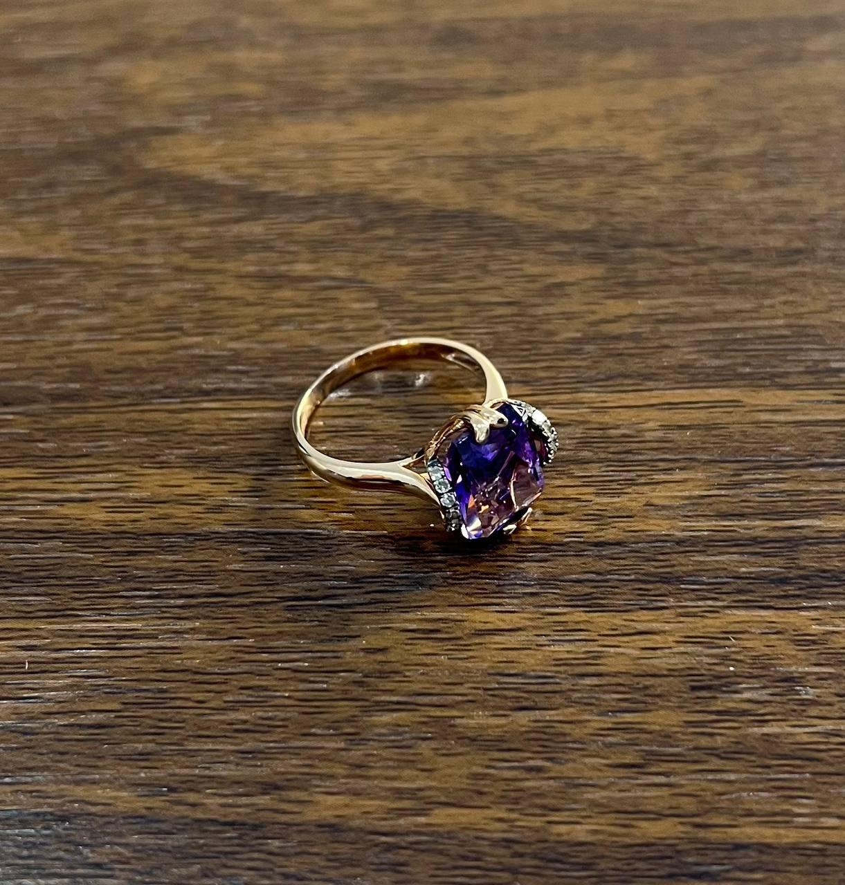 Rectangle Purple Violet Amethyst 14K Rose Gold Diamonds Halo Set Cocktail Ring