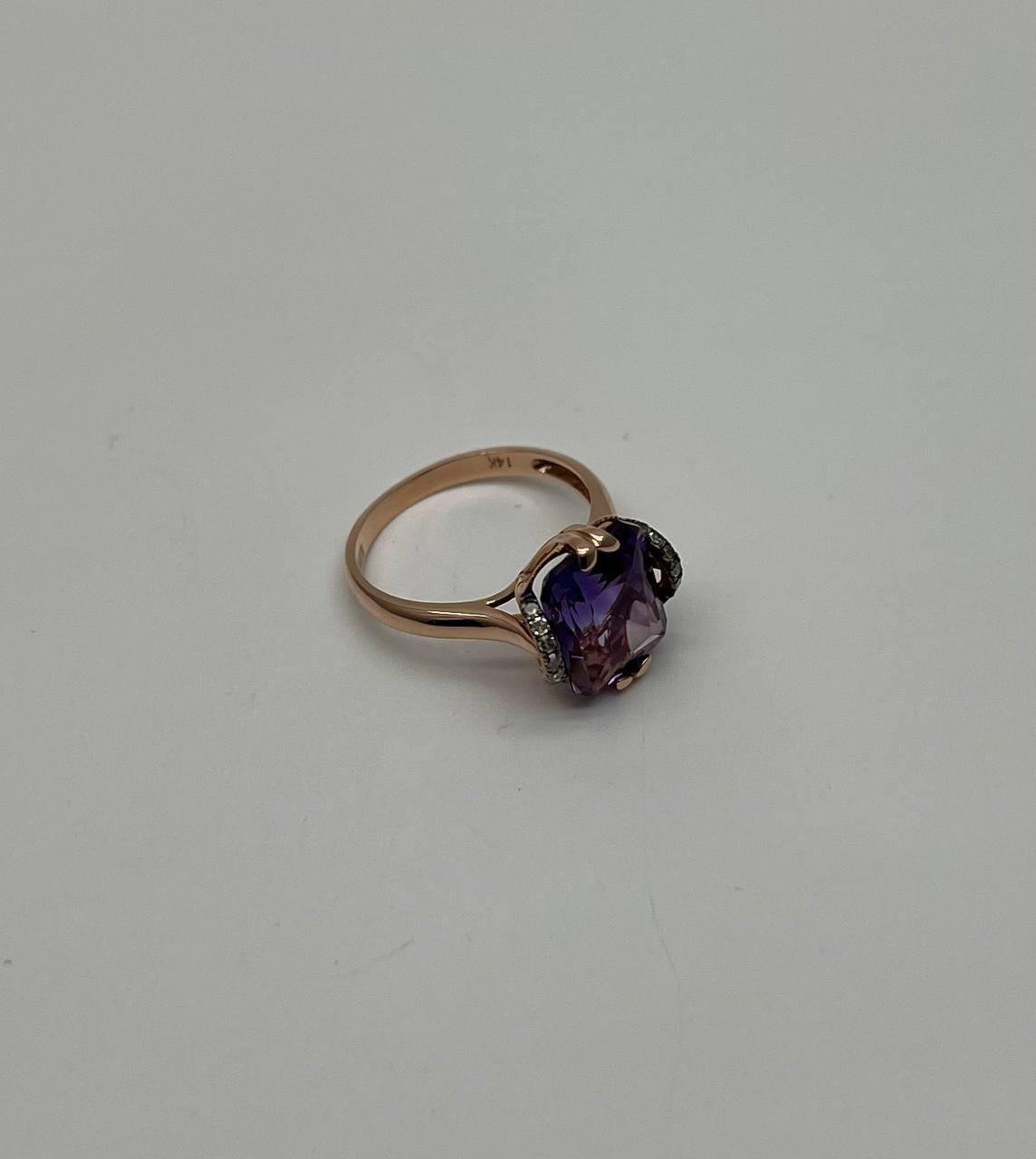 Rectangle Purple Violet Amethyst 14K Rose Gold Diamonds Halo Set Cocktail Ring