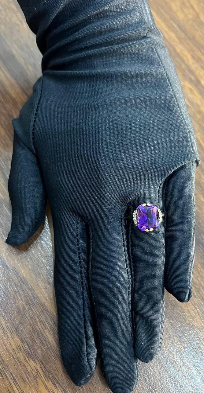 Rectangle Purple Violet Amethyst 14K Rose Gold Diamonds Halo Set Cocktail Ring
