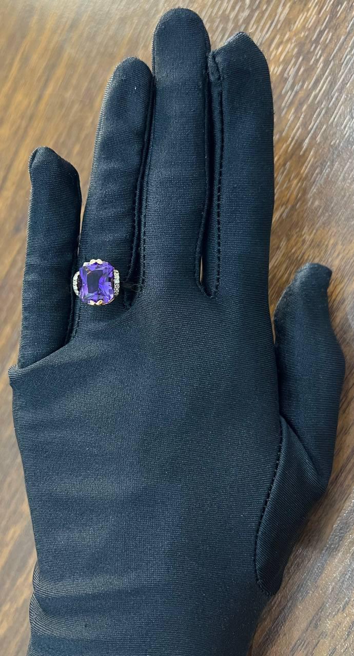 Rectangle Purple Violet Amethyst 14K Rose Gold Diamonds Halo Set Cocktail Ring