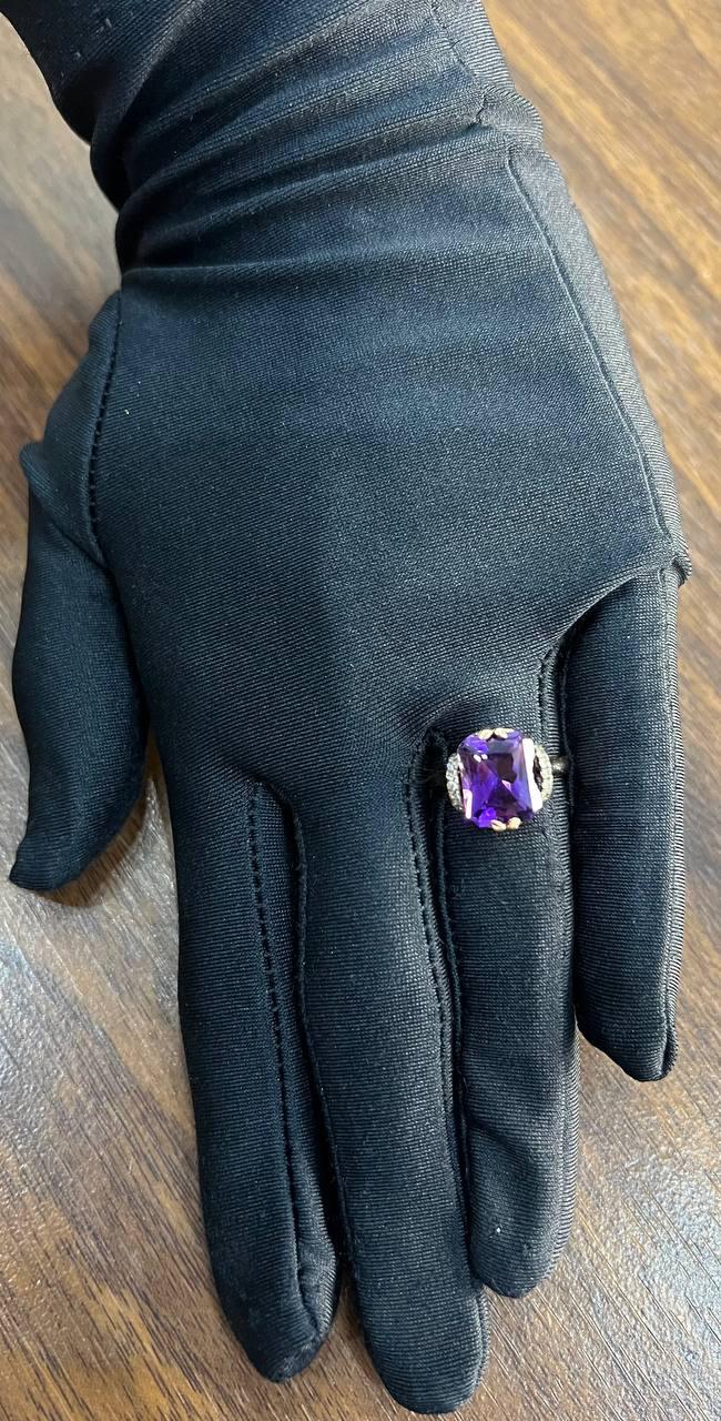 Rectangle Purple Violet Amethyst 14K Rose Gold Diamonds Halo Set Cocktail Ring