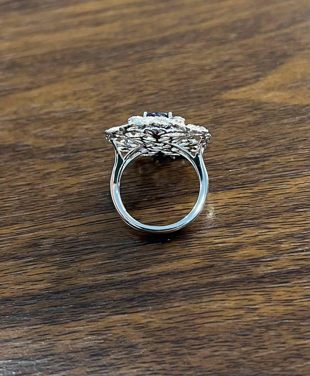 Oval Shape Blue Sapphire Diamonds Halo Pave Set White Gold Statement Motif Ring