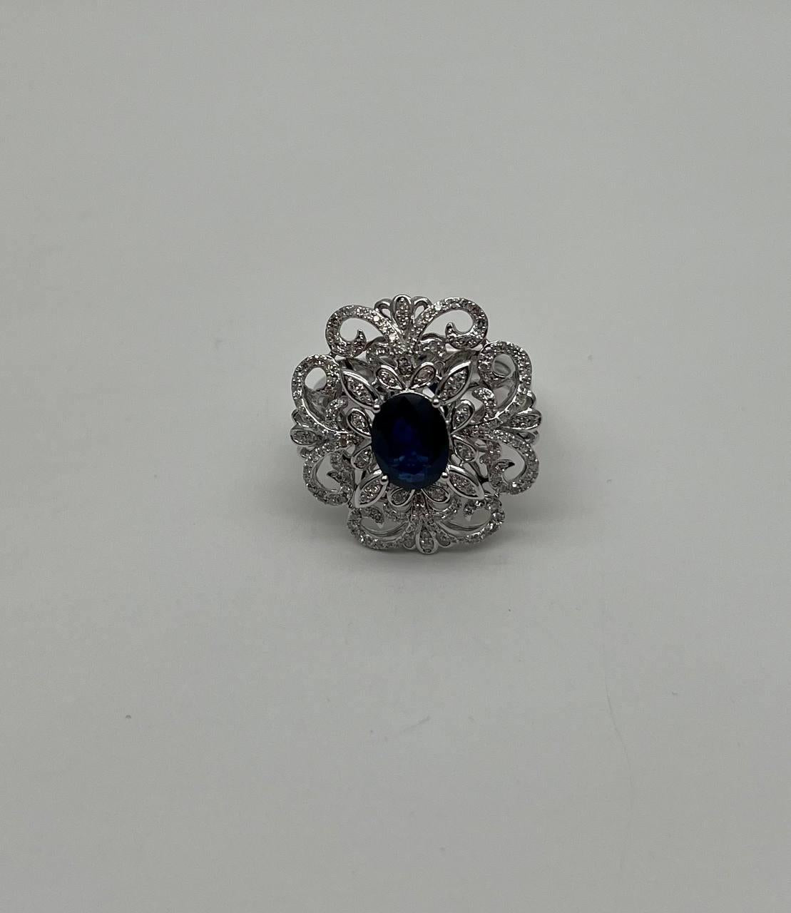 Oval Shape Blue Sapphire Diamonds Halo Pave Set White Gold Statement Motif Ring