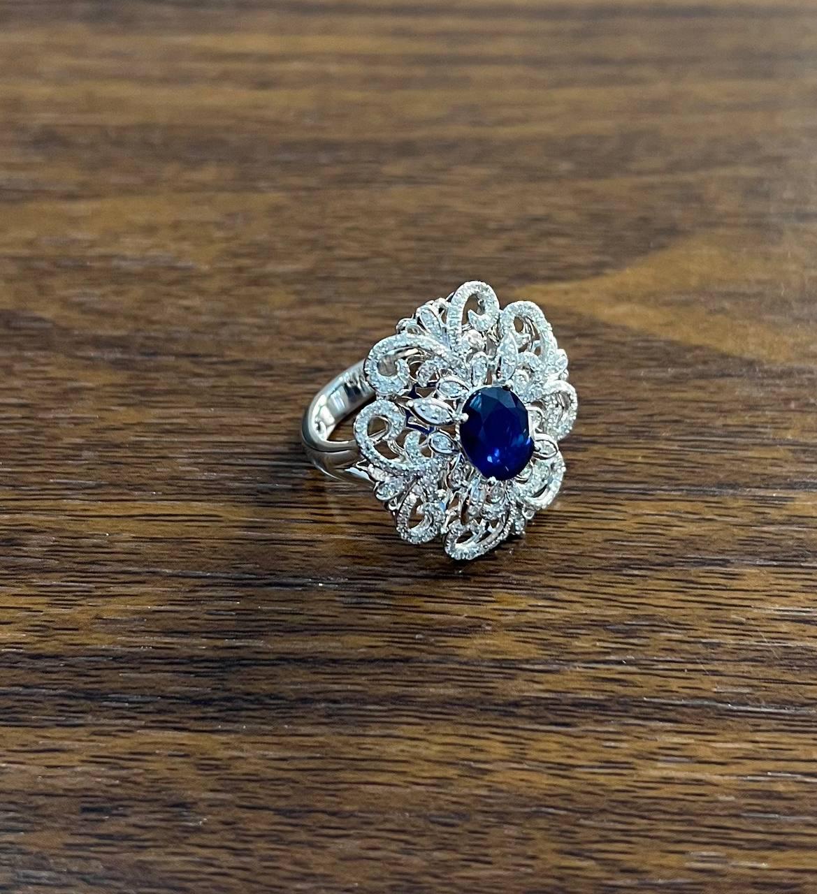 Oval Shape Blue Sapphire Diamonds Halo Pave Set White Gold Statement Motif Ring
